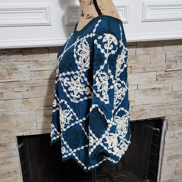 Anthropologie x Kindred‎ teal and white heavily embroidered triangle trim shirt - Picture 2 of 8